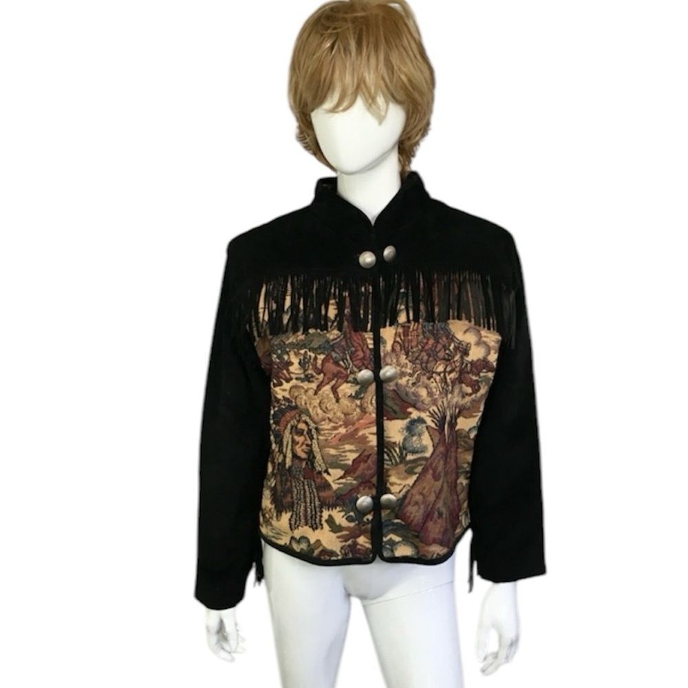 Native Components Suede Fringe Tapestry Print Western Cowboy Jacket Size M